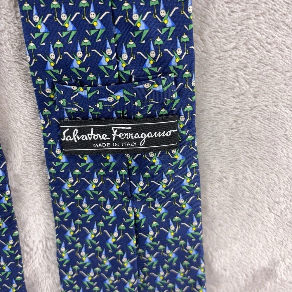 Salvatore‎ Ferragamo Necktie Mens Blue Novelty Golf Print Italy Silk Luxury